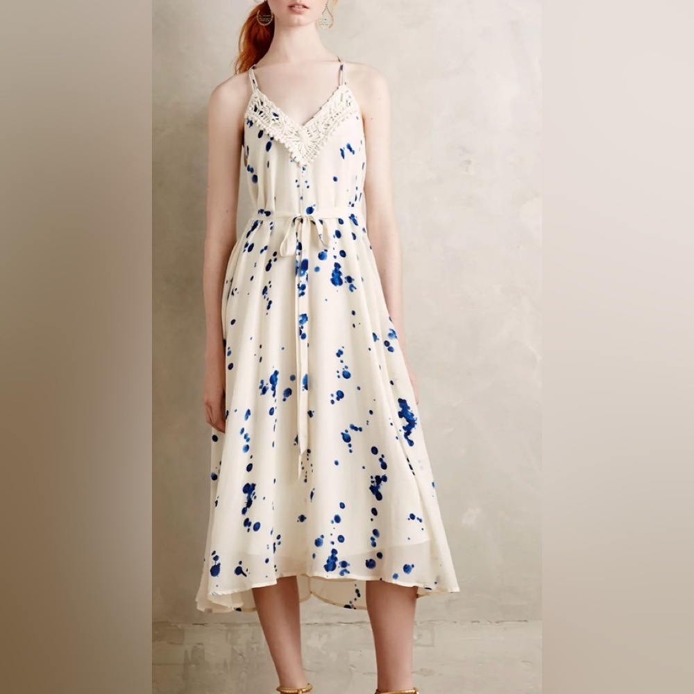 Anthro Maeve Ink Drop Crochet Midi Dress Size XS